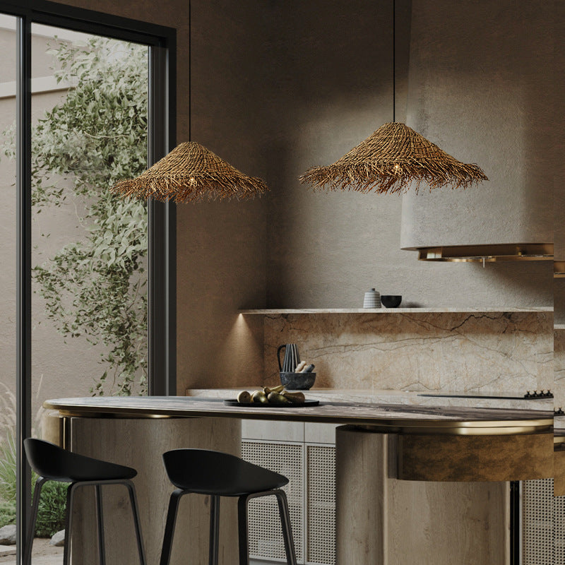 Rattan Tassell Straw Hat Pendant Lights