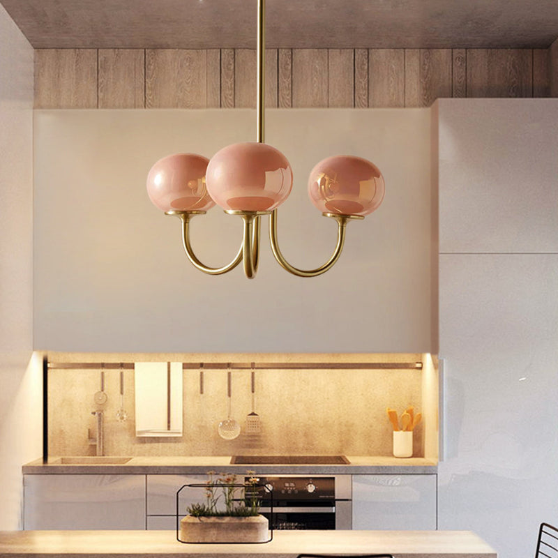 Modern Gooseneck Globe Chandelier - Mid-Century Pink & Orange Glass Pendant
