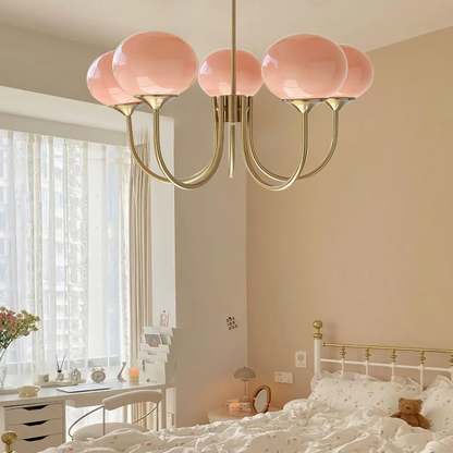 Modern Gooseneck Globe Chandelier - Mid-Century Pink & Orange Glass Pendant