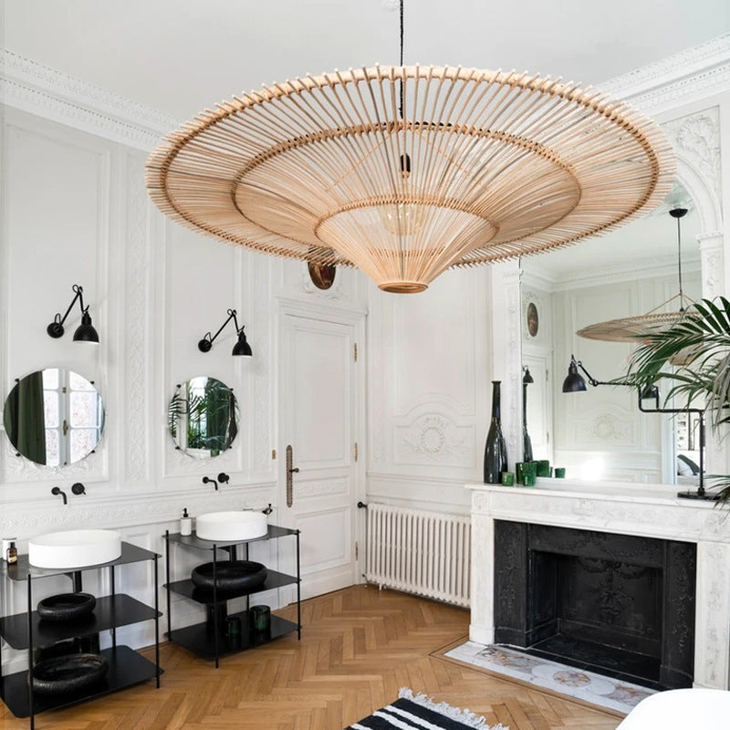 Hand-Woven Rattan Pendant Light - Large Boho Hat Chandelier for Home