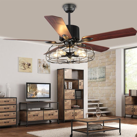 52" Caged Indoor Ceiling Fan with 5 Blade Metal Rustic-[Modern pendant lighting for bedroom and living space]-Demolights UK
