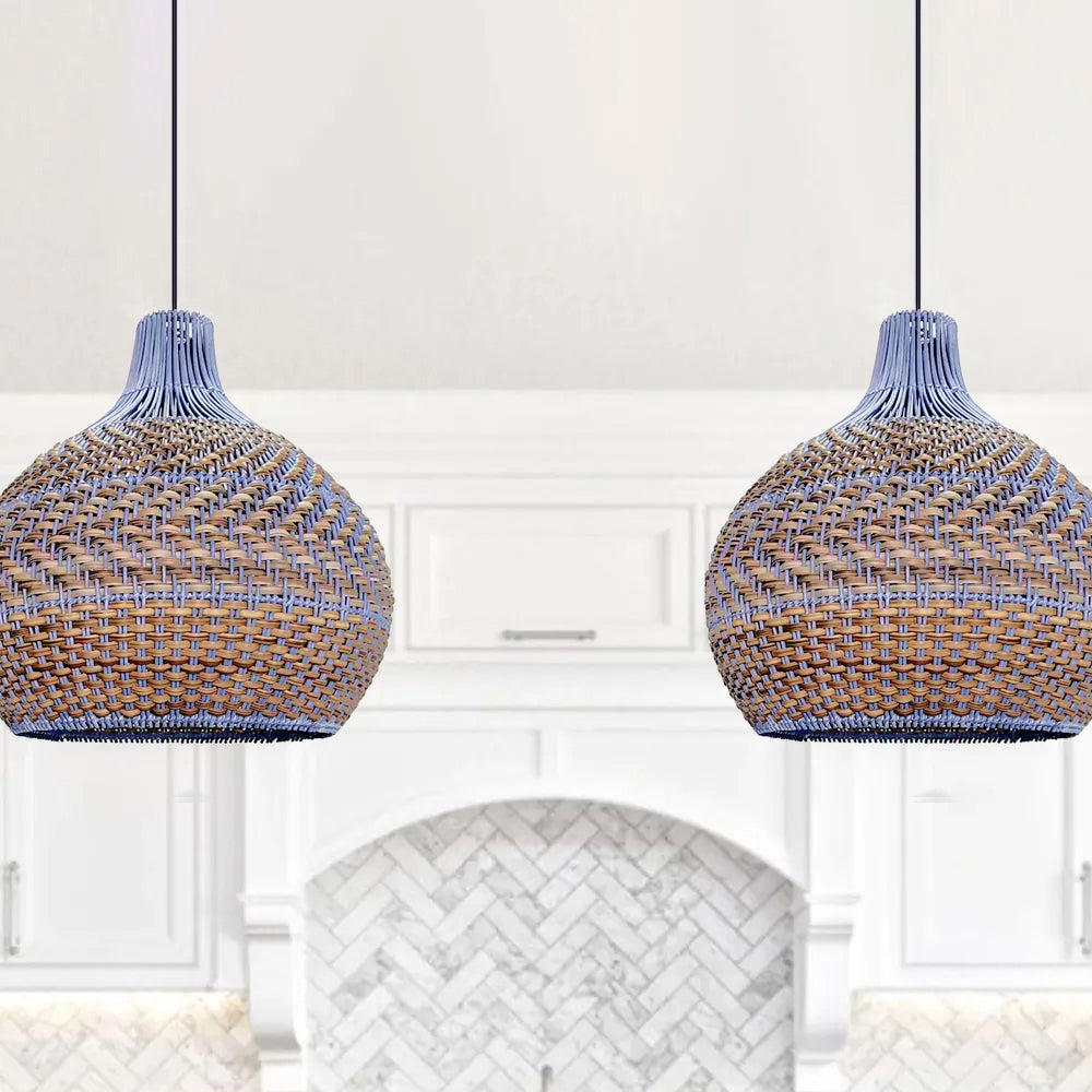 Blue Rattan Dome Pendant Lights-[Modern pendant lighting for bedroom and living space]-Demolights UK