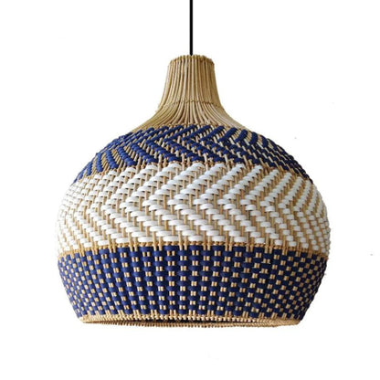 Blue & White Striped Rattan Pendant Light - Woven Nautical Lamp
