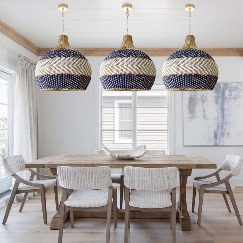 Blue & White Striped Rattan Pendant Light - Woven Nautical Lamp