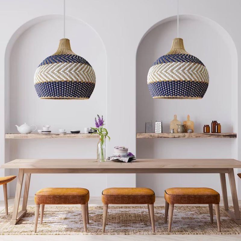 Blue & White Striped Rattan Pendant Light - Woven Nautical Lamp