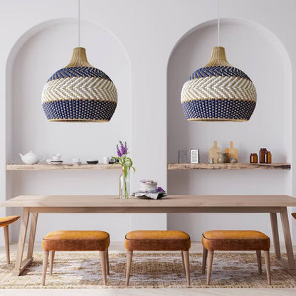 Blue & White Striped Rattan Pendant Light - Woven Nautical Lamp