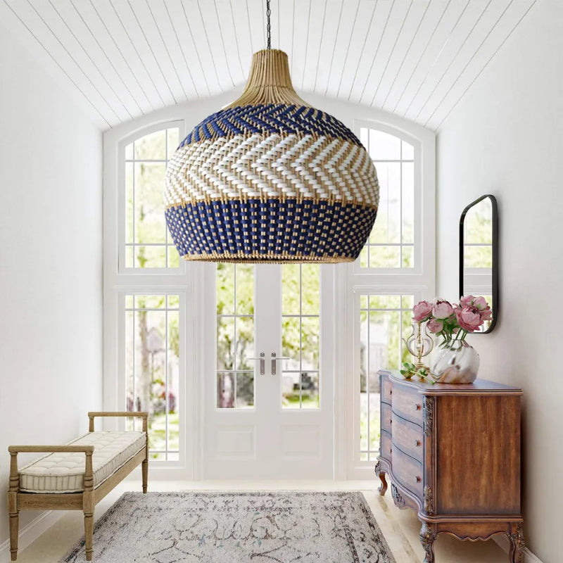 Blue & White Striped Rattan Pendant Light - Woven Nautical Lamp