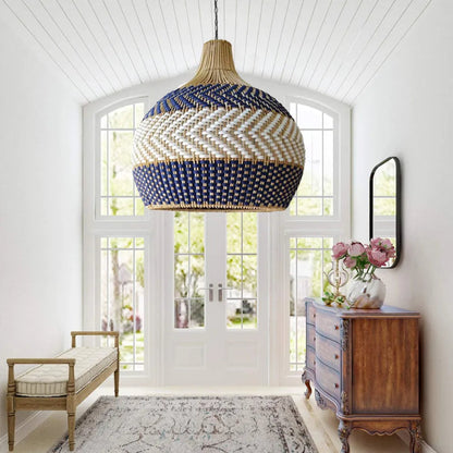 Blue & White Striped Rattan Pendant Light - Woven Nautical Lamp