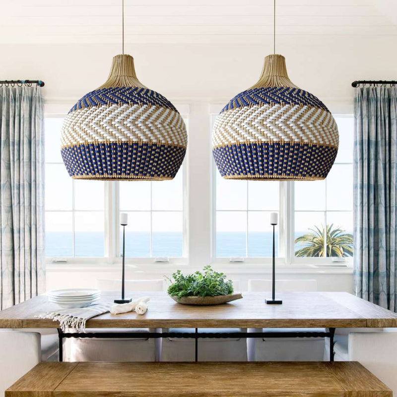 Blue & White Striped Rattan Pendant Light - Woven Nautical Lamp