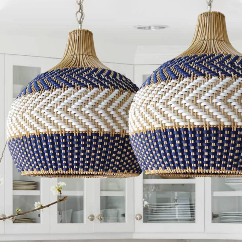 Blue & White Striped Rattan Pendant Light - Woven Nautical Lamp