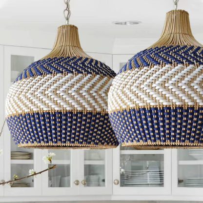 Blue & White Striped Rattan Pendant Light - Woven Nautical Lamp
