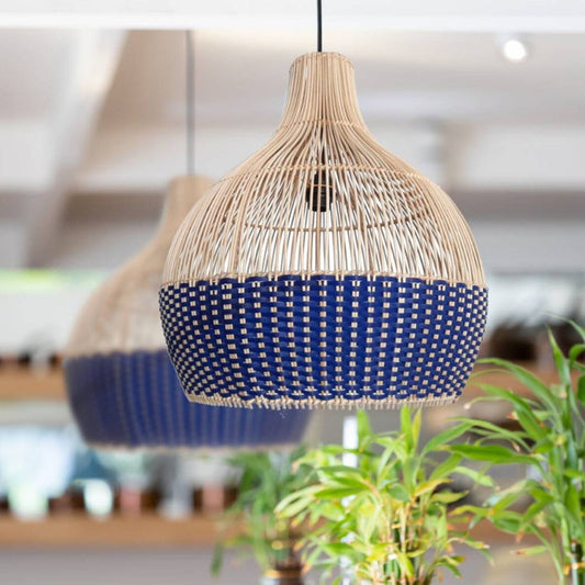 Classic Blue Rattan Pendant Light Woven Lampshade-[Modern pendant lighting for bedroom and living space]-Demolights UK