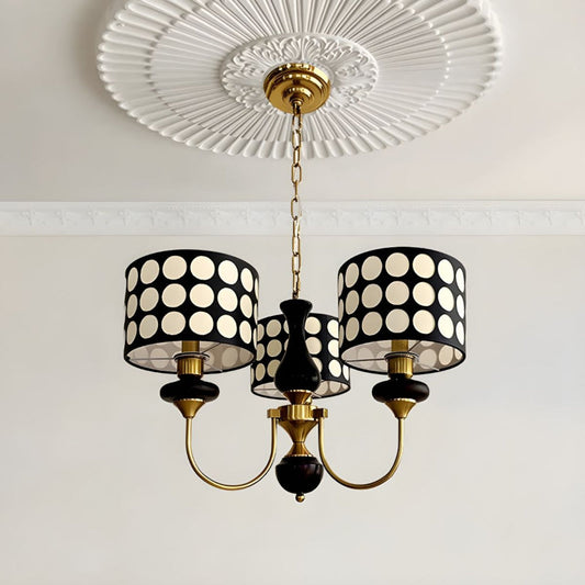 Modern Polka Dot Chandelier - Black & Gold Fabric Pendant