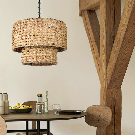 Natural Rattan Drum Hanging Pendant Light-[Modern pendant lighting for bedroom and living space]-Demolights UK