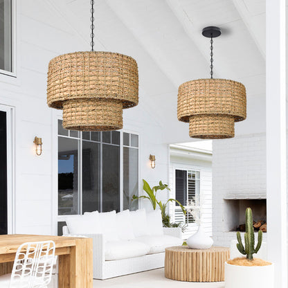 Natural Rattan Drum Hanging Pendant Light