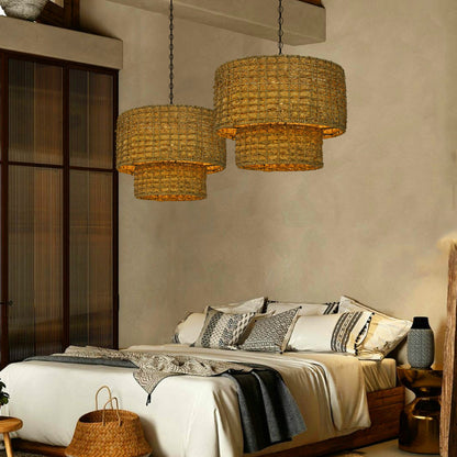 Natural Rattan Drum Hanging Pendant Light