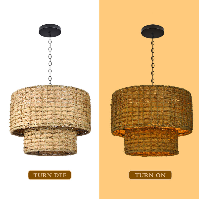 Natural Rattan Drum Hanging Pendant Light