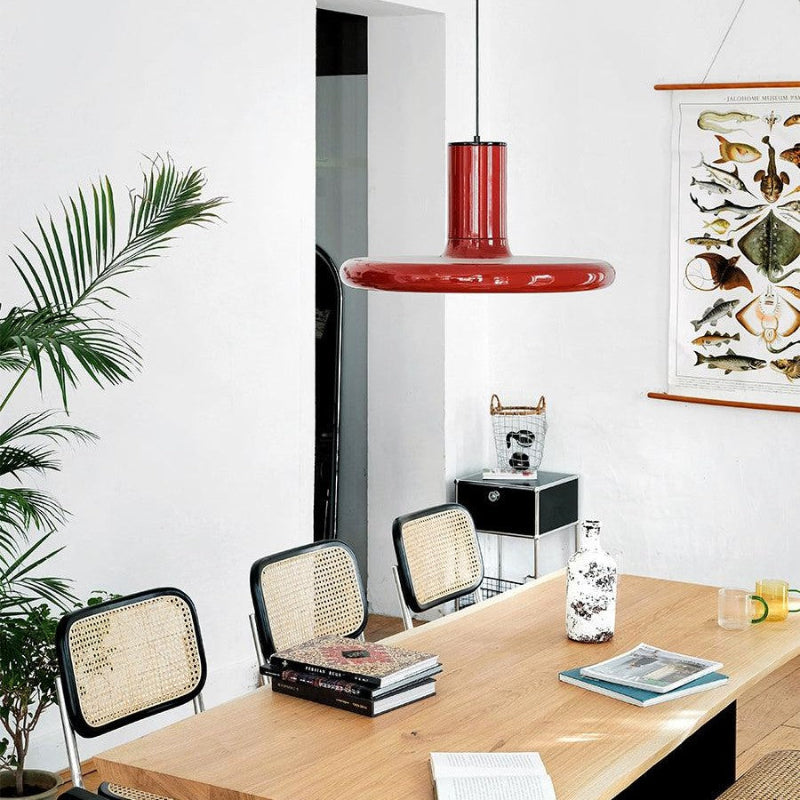 Vintage Red Metal Saucer Pendant Light