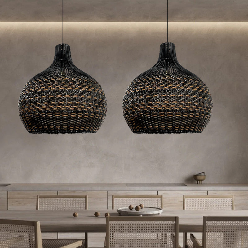 thumbnail image 2 of BNHHLZ Woven Rattan Pendant Light Boho Light Fixture Black Wicker Coastal Pendant Lighting Mini Pendant Lights For Kitchen Island Living Room Dining Room (6.69 In, 2-Pack 2 of 9