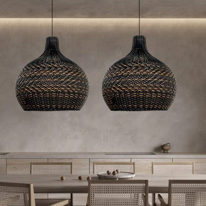 Black Rattan Large Pendant Light For Kitchen Island-[Modern pendant lighting for bedroom and living space]-Demolights UK