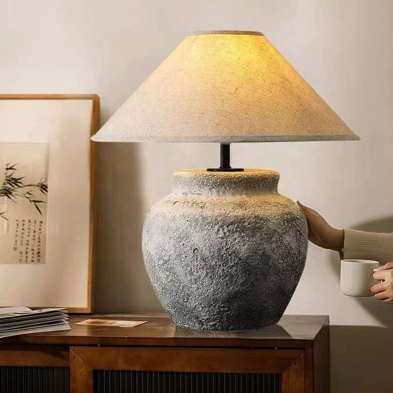 Wabi Sabi Traditional Style Japanese Grey Clay Stone Table Lamp