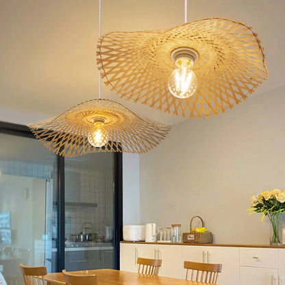 Creative Bamboo Weaving Straw Hat Shape Pendant Light