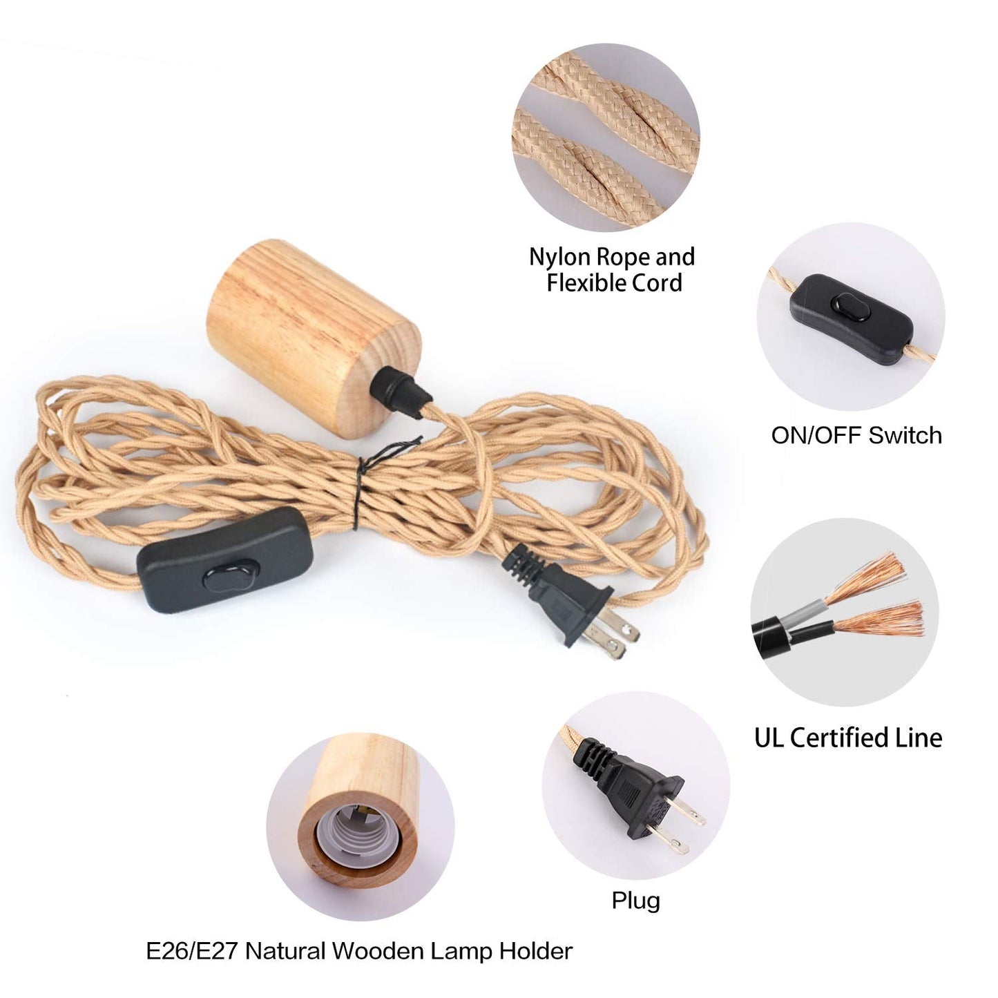 Industrial 16.4FT Wood Pendant Light Cord Kit With Switch