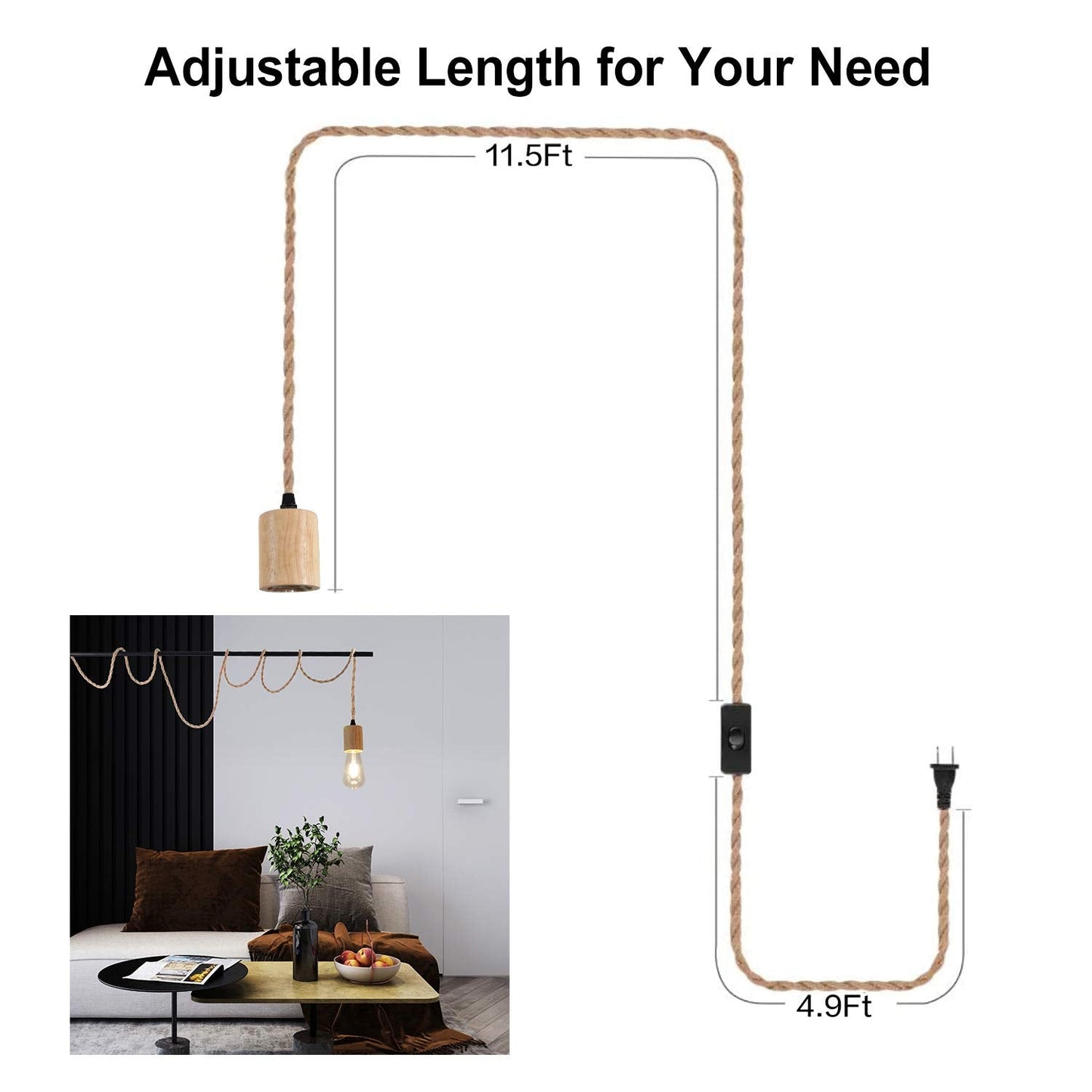 Industrial 16.4FT Wood Pendant Light Cord Kit With Switch