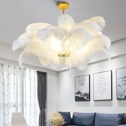 Modern Real Ostrich Feather Chandelier - Luxury Gold Pendant Light