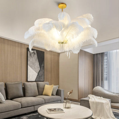 Modern Real Ostrich Feather Chandelier - Luxury Gold Pendant Light
