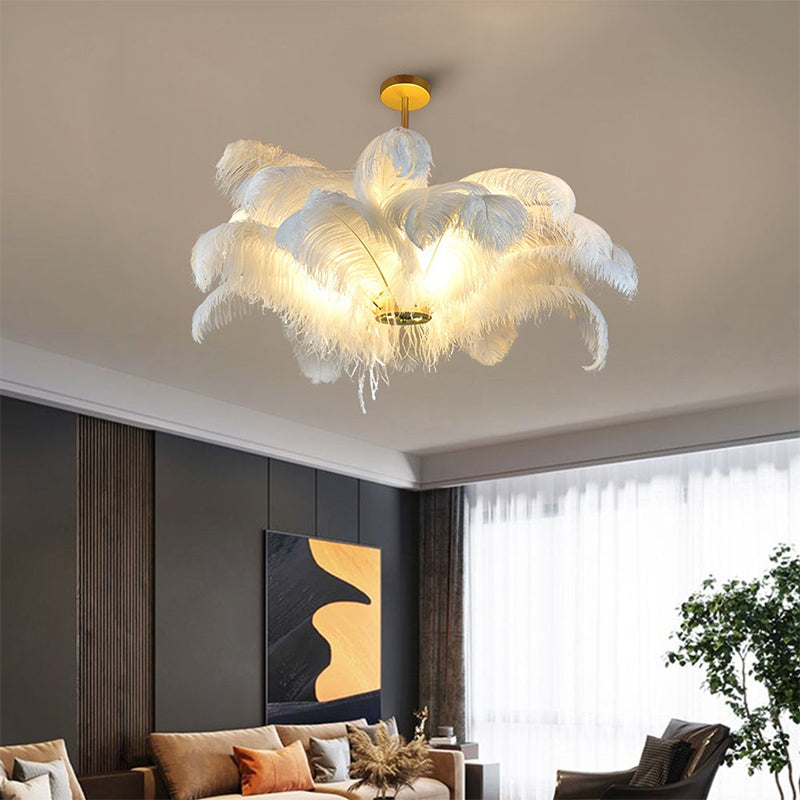Modern Real Ostrich Feather Chandelier - Luxury Gold Pendant Light