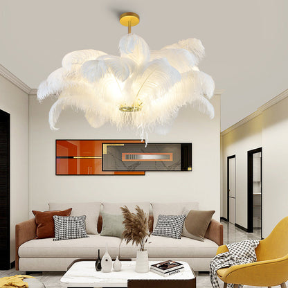 Modern Real Ostrich Feather Chandelier - Luxury Gold Pendant Light