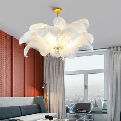 Modern Real Ostrich Feather Chandelier - Luxury Gold Pendant Light