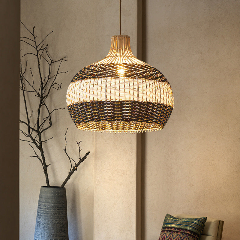 Black & White Lampshade Rattan Pendant Light-[Modern pendant lighting for bedroom and living space]-Demolights UK