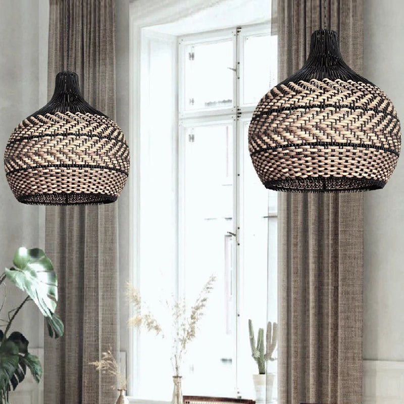 Two-Tone Rattan Pendant Light - Black & Natural Woven Bell Chandelier