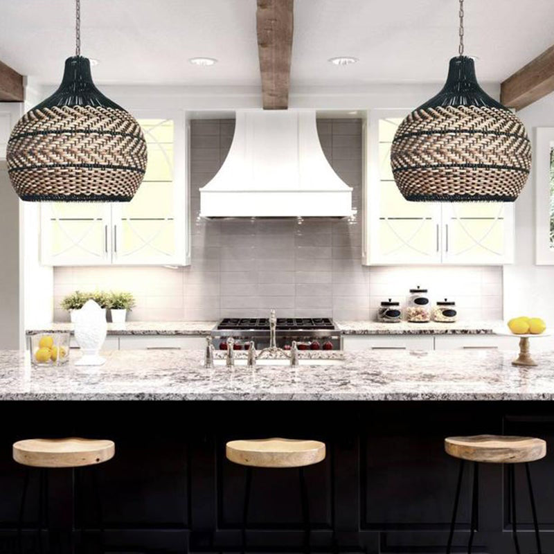 Two-Tone Rattan Pendant Light - Black & Natural Woven Bell Chandelier