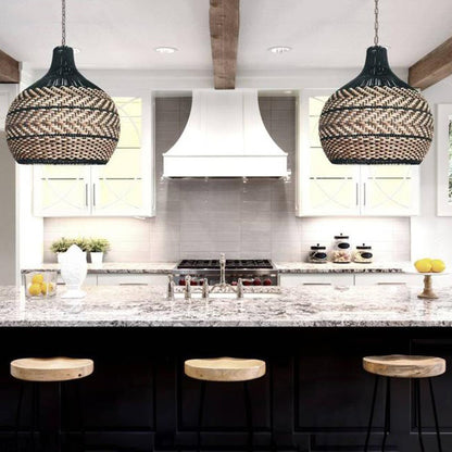 Two-Tone Rattan Pendant Light - Black & Natural Woven Bell Chandelier