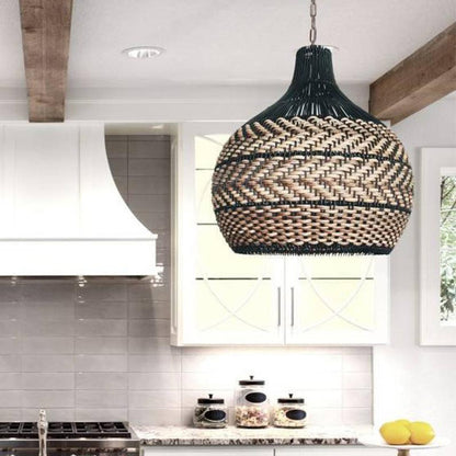 Two-Tone Rattan Pendant Light - Black & Natural Woven Bell Chandelier