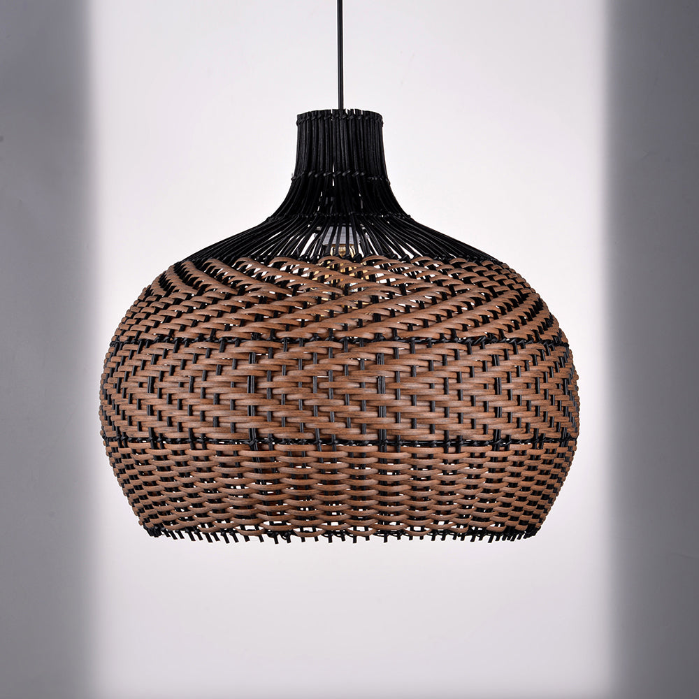 Two-Tone Rattan Pendant Light - Black & Natural Woven Bell Chandelier
