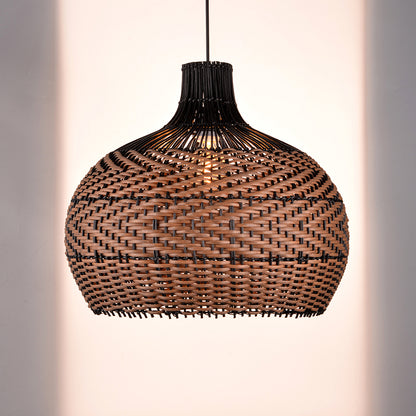Two-Tone Rattan Pendant Light - Black & Natural Woven Bell Chandelier