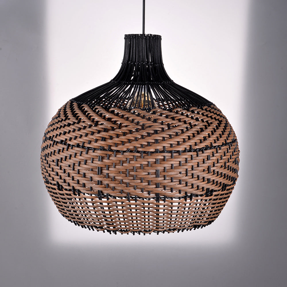 Two-Tone Rattan Pendant Light - Black & Natural Woven Bell Chandelier