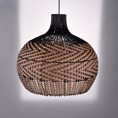 Two-Tone Rattan Pendant Light - Black & Natural Woven Bell Chandelier