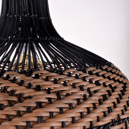 Two-Tone Rattan Pendant Light - Black & Natural Woven Bell Chandelier