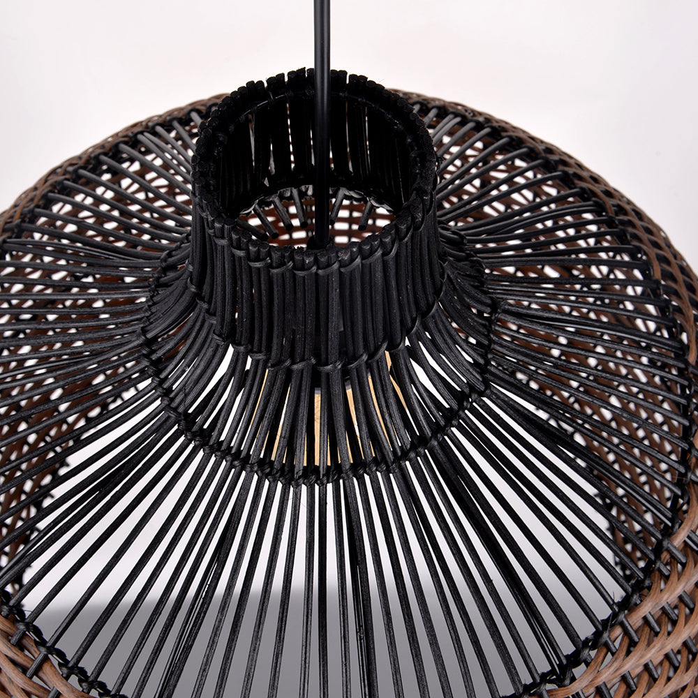 Two-Tone Rattan Pendant Light - Black & Natural Woven Bell Chandelier