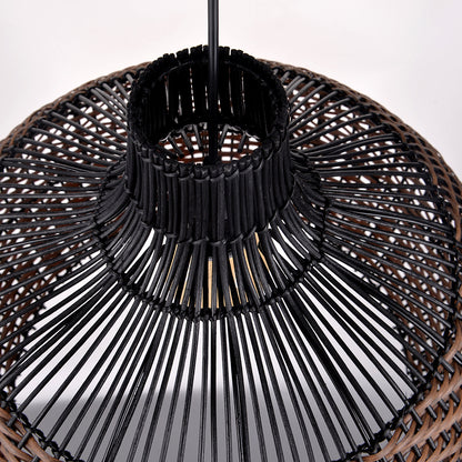 Two-Tone Rattan Pendant Light - Black & Natural Woven Bell Chandelier