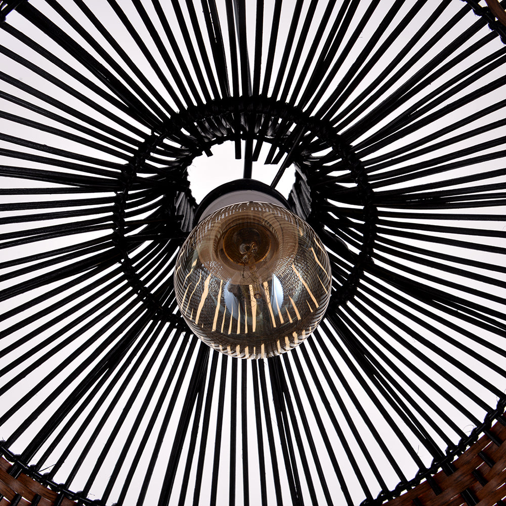 Two-Tone Rattan Pendant Light - Black & Natural Woven Bell Chandelier