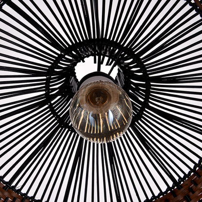 Two-Tone Rattan Pendant Light - Black & Natural Woven Bell Chandelier