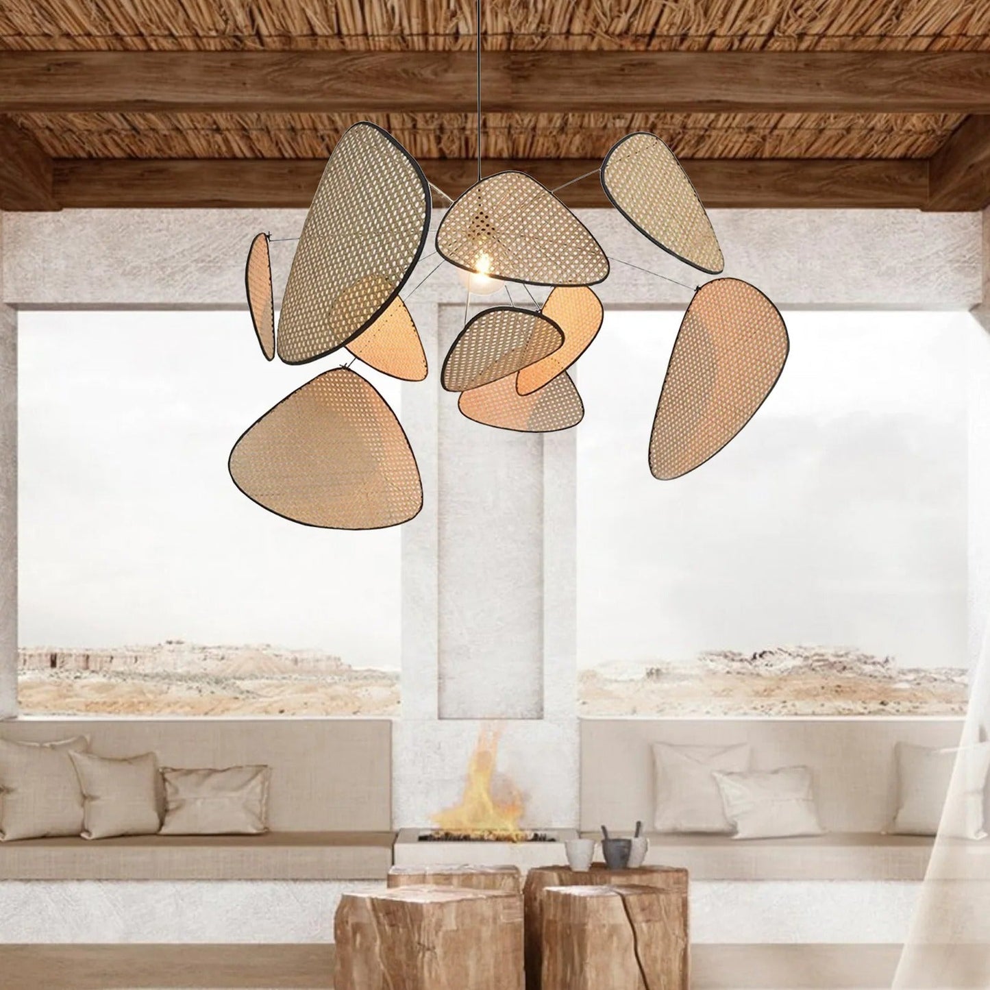 Modern Rattan Pendant Light – Artistic Multi-Leaf Woven Chandelier for Dining & Living Room