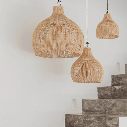 Hand-Woven Rattan Wicker Pendant Light - Japandi Gourd Chandelier