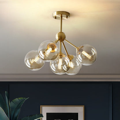 Mid-Century Brass Sputnik Ceiling Light - Modern Glass Globe Flush Mount